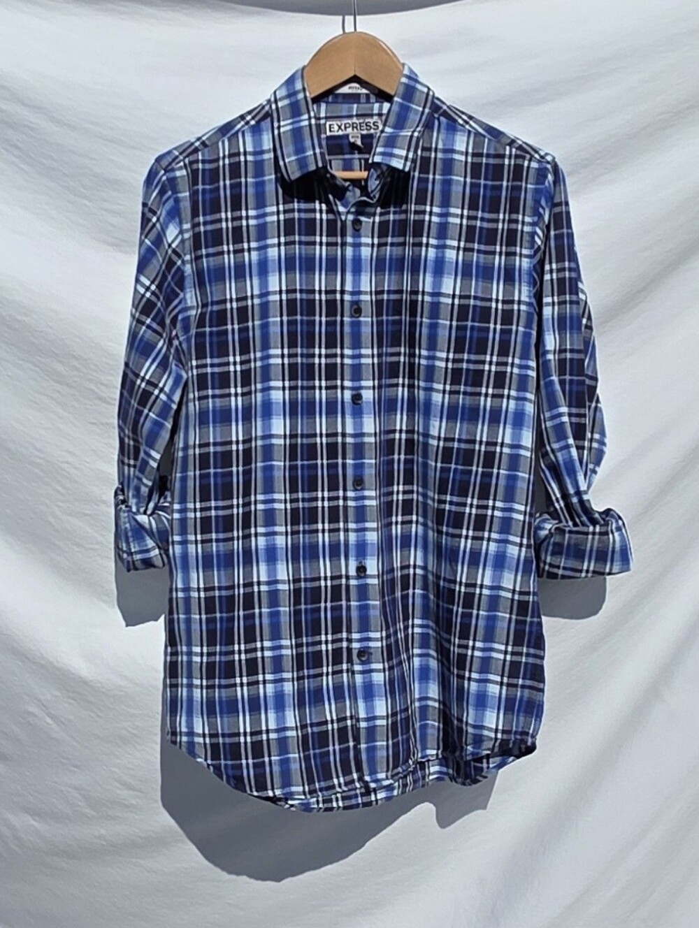 Express Men's Size M Fitted Shirt In Excellent Pre-Owned Condition, Blue Plaid